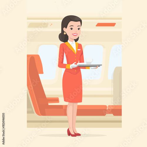 Flight attendant serving coffee on airplane with happy expression