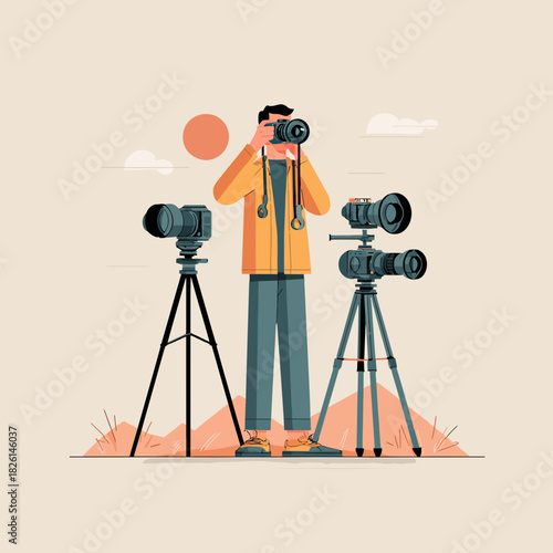 Flat vector illustration of a photographer using camera equipment