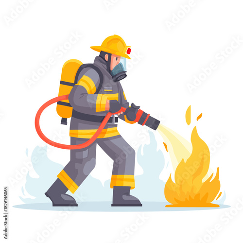 Firefighter in uniform using a hose to extinguish flames