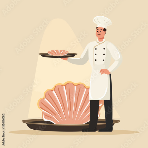 A chef presenting seafood on a tray with a clamshell