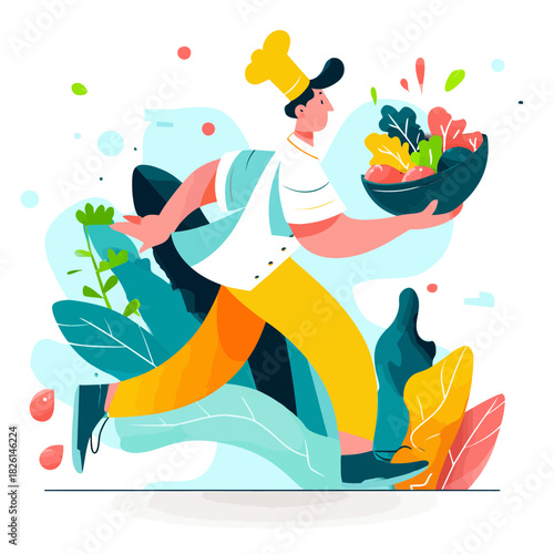 A chef with a salad bowl is running in a dynamic action