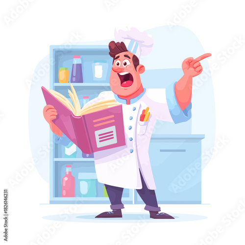 A chef with a cookbook pointing in a kitchen illustration