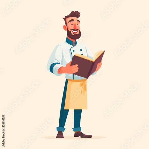 Happy chef in uniform reading a recipe book while smiling