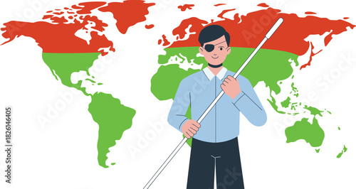 Visually impaired man with white cane and eye patch, global blindness awareness, accessibility, inclusion, world map background, vector illustration