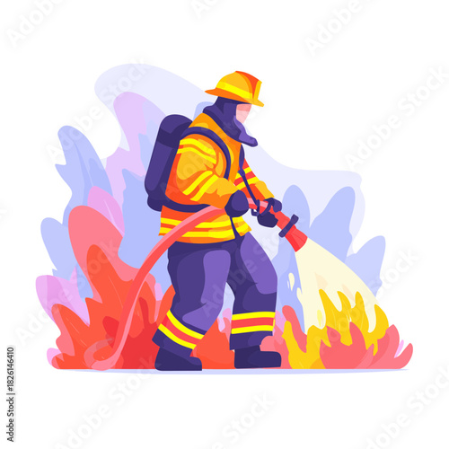 A Firefighter Extinguishing Flames with Water from a Hose