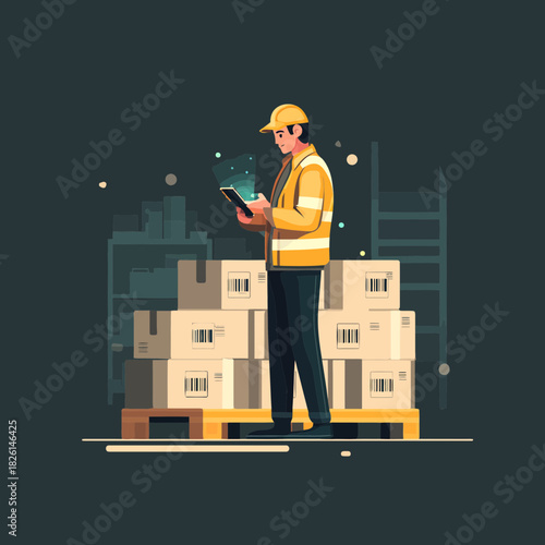 Logistic worker scanning barcodes in the warehouse