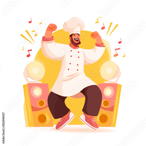 A happy chef dancing and celebrating with music and speakers