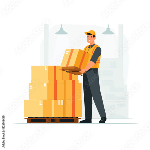 Logistic worker carrying boxes in a warehouse with a pallet
