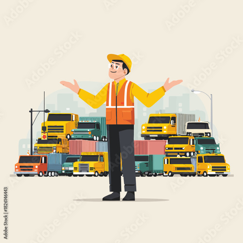 Logistic worker directing traffic in front of trucks and containers