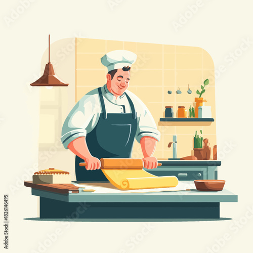 A happy chef rolling out pastry dough in a bright kitchen