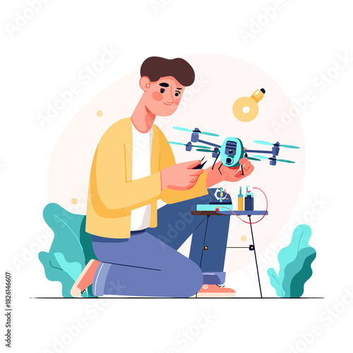 Man repairing a drone with tools in a tech concept illustration