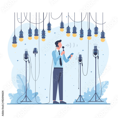 Man speaking into a microphone on a stage with lights