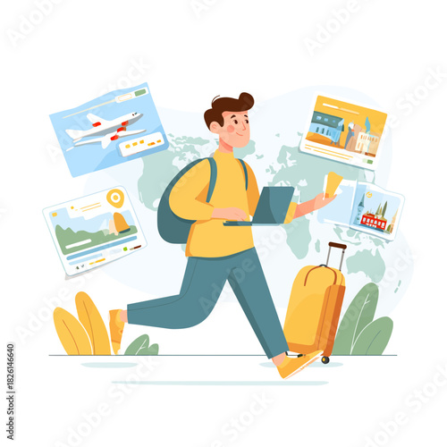 Man using laptop to book travel flights for vacation