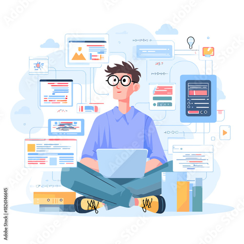 Man with laptop creating digital concept and programming idea