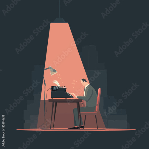 A man in a suit typing on a vintage typewriter