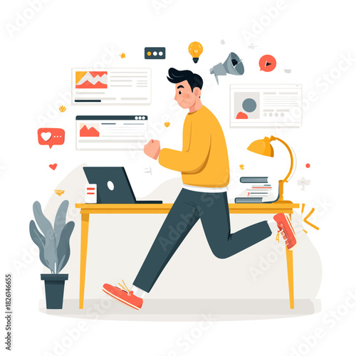 A man running past a desk with a laptop and social media icons