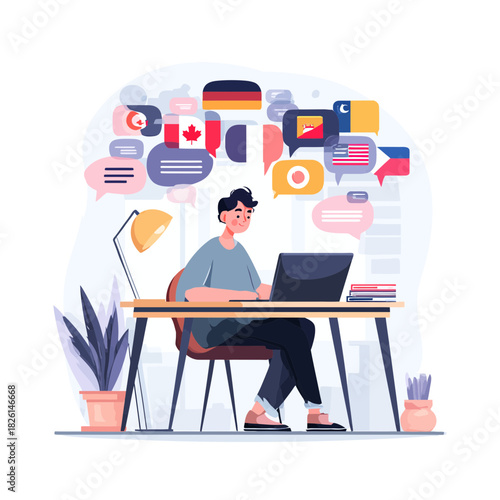 Man working on computer with language translation bubbles above