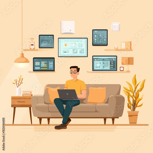 Man working on laptop with smart home devices in living room