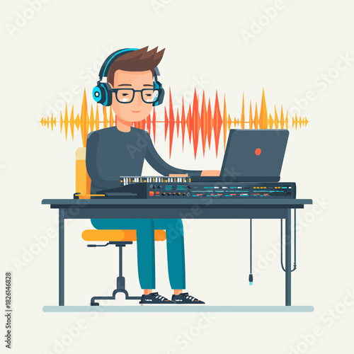 A sound engineer working on music production with laptop