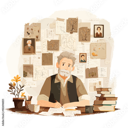Old man doing genealogy research on a desk with family history