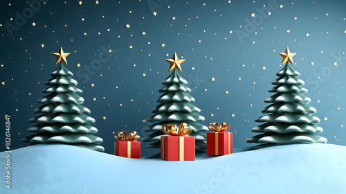 Christmas banner with gift boxes under pine tree, festive winter new year holiday celebration background with copy space.