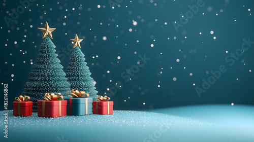 Christmas banner with gift boxes under pine tree, festive winter new year holiday celebration background with copy space.