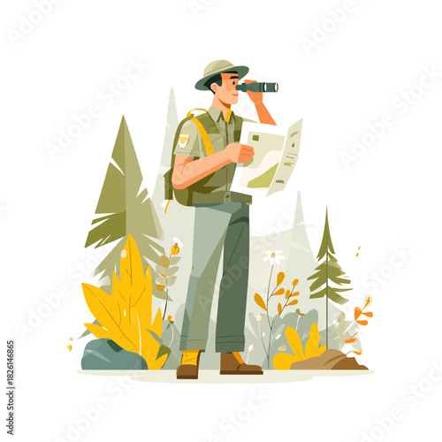 Park Ranger with binoculars observing the landscape with map