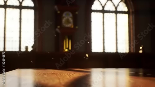 Wooden table in sunny room interior.