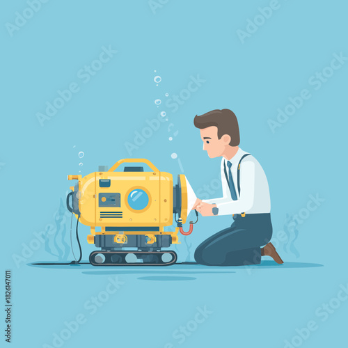 A technician repairing a yellow submarine underwater