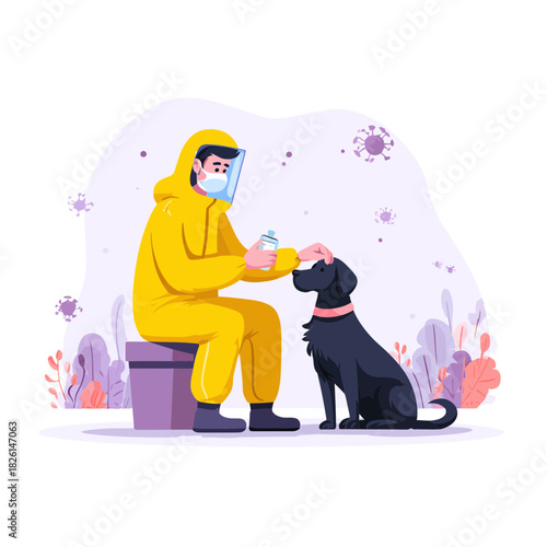 A vet giving a rabies vaccine injection to a black dog