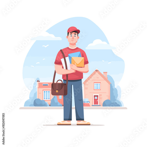 Postman holding letters and packages in front of houses