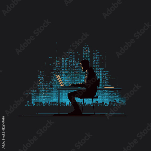 Programmer working on laptop with city lights in background