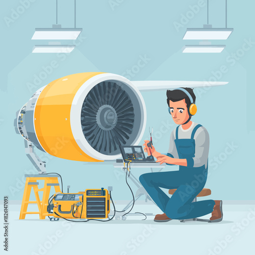 A technician performing engine maintenance on an airplane