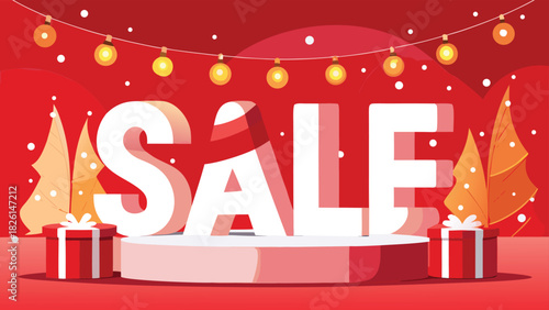 Paper Christmas tree displayed with a festive Christmas Sale sign, promoting holiday decorations and discounts..eps