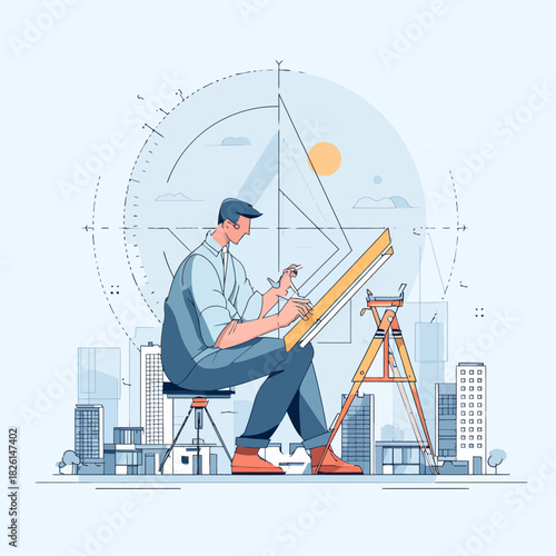 Architect sketching building design with drawing tools outdoors