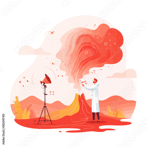 Scientist in lab coat studying volcano during an eruption outdoors