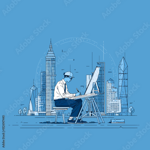 Architect sketching a building in an urban city environment