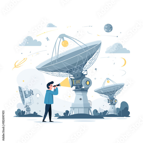 Astronaut Using Telescope To Study Space With Antennae