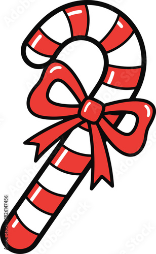 A bold flat vector illustration of a red and white striped Christmas candy cane tied with a decorative red ribbon bow,
