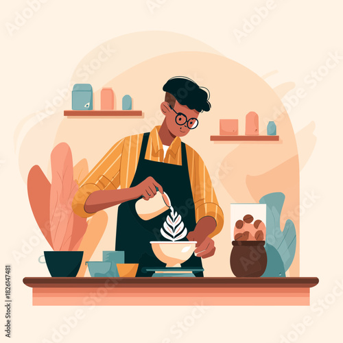 Barista Pouring Milk to Create Latte Art In a Coffee Shop