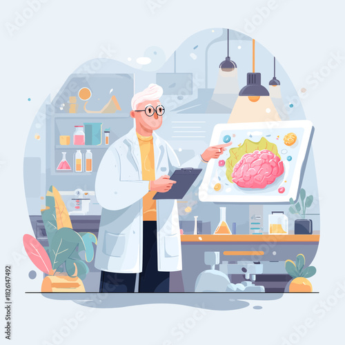 Scientist in lab showing brain diagram during research