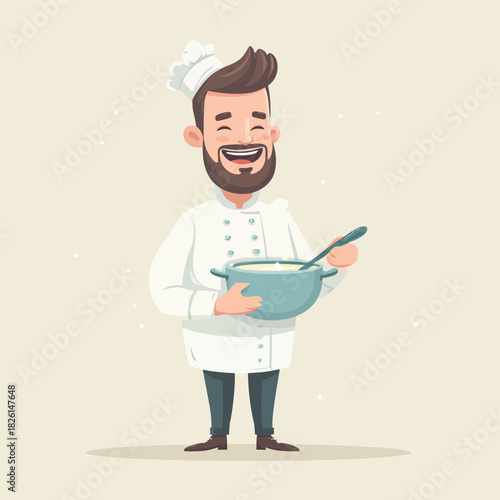 Smiling chef holding a pot of soup with a spoon