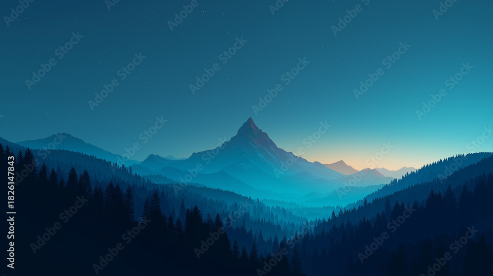 Naklejka premium breathtaking and serene landscape featuring a layered view of mountains, forests, and a vibrant sky. It blends natural elements with a soft, dreamy color palette, making it visually captivating