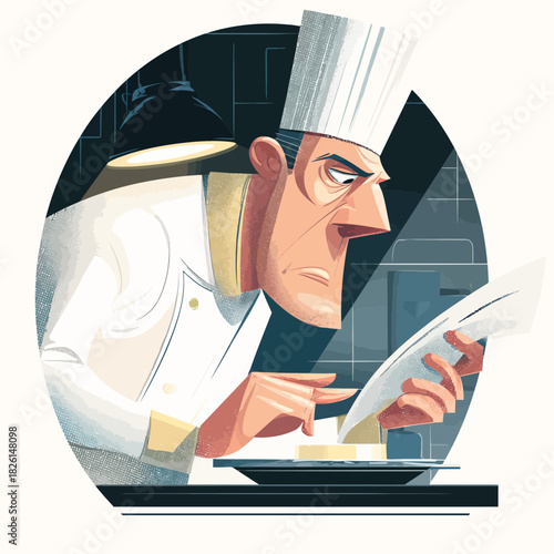 Stern Chef inspecting recipe in the kitchen with serious gaze