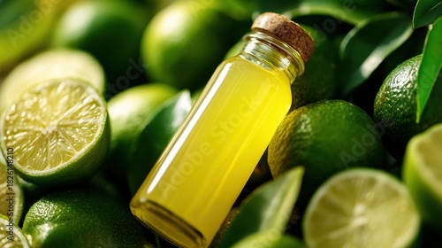 Fototapeta Naklejka Na Ścianę i Meble -  Lemon juice bottle among fresh green citrus fruits