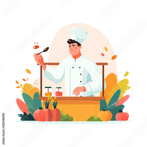 Chef holding a spoon while cooking and offering a taste test