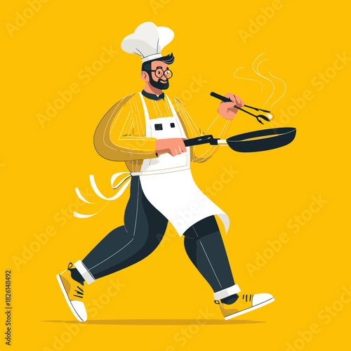 Chef in uniform cooking food in a frying pan and running