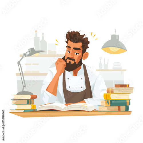 Chef reading a recipe book while thoughtfully considering it