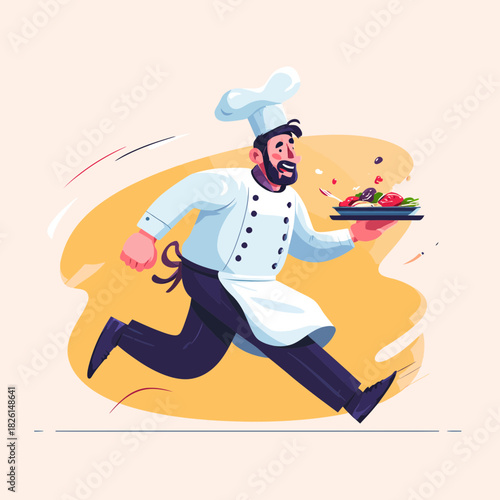 Chef rushing to deliver food with a plate in his hands