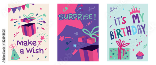 Surprise gift box poster set with popping presents, ribbons, sparkles and cheerful birthday elements, vibrant celebration vector bundle for party themes